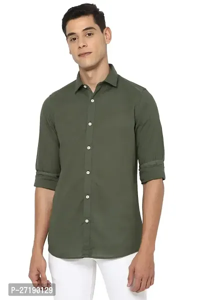 Men's Regular Fit Full Sleeve Cotton Cutway Collar Summer Wear Formal Shirt(Olive)