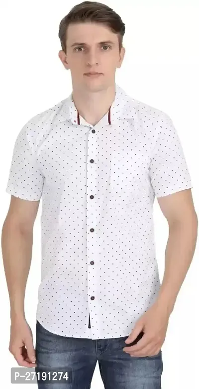 Men's Regular Fit Half  Sleeve Cotton Cutway Collar Summer Wear Dot Shirt(White)