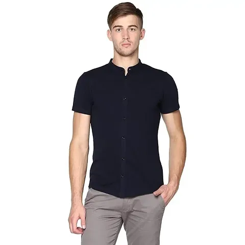 Mens Regular Fit Half Sleeve Summer Wear Ban Collared Shirt