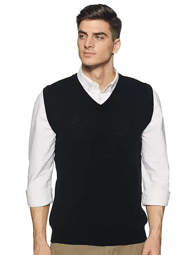 Men`s Regular fit Sleeveless V-Neck Winter Wear Woolen Sweater(BLACK)