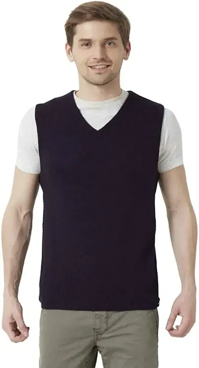 Men`s Regular Fit Sleeveless V-Neck Winter Wear Woolen Sweater(Black)