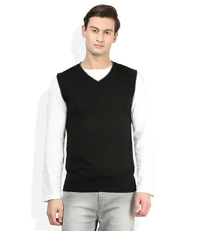 Men`s Regular Fit Sleeveless V-Neck Winter Wear Woolen Sweater(BLACK)