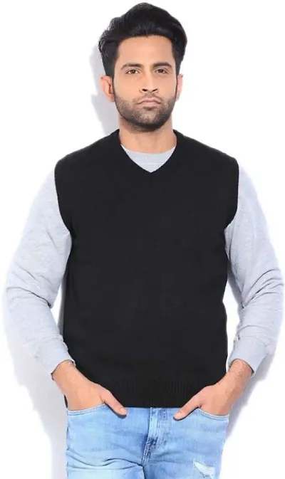 Men`s Regular Fit Sleeveless V-Neck Winter Wear Woolen Sweater(BLACK)