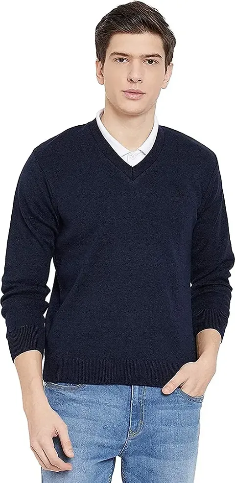 Men`s Fit Regular V-Neck Long Sleeve Winter Wear Woolen Sweater(Navy Full)