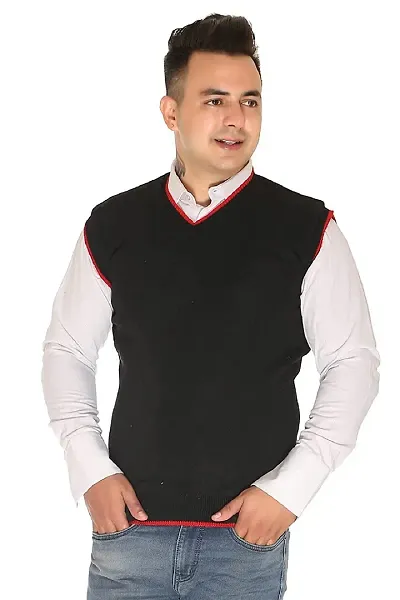 Men`s Regular Fit V-Neck Sleeveless Winter Wear Woolen Designer Sweater(Black)