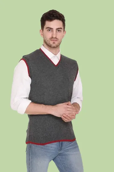 Men`s Regular Fit V-Neck Sleeveless Winter Wear Woolen Designer Sweater(Grey)