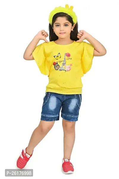 RAHAT Garments Girl's Cotton Half Sleeves T-Shirt with Denim Jeans Shorts...(HOT=143)