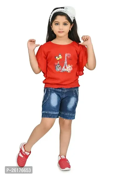 RAHAT Garments Girl's Cotton Half Sleeves T-Shirt with Denim Jeans Shorts...(HOT=143)