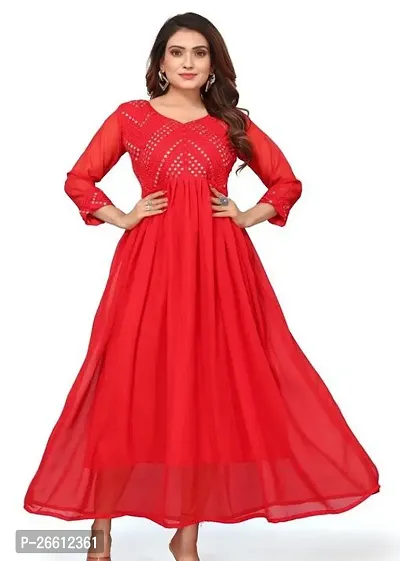 Beautiful Rayon Red Embroidered  Gown For Women