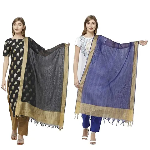 Women solid Banarsi Dupatta (Black +Navy Blue)