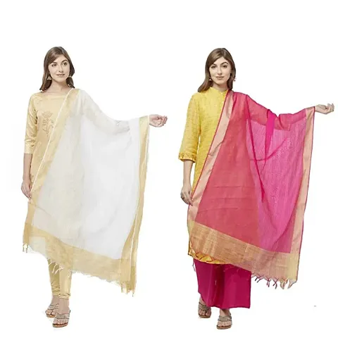 Women solid Banarsi Dupatta (White +Rani)