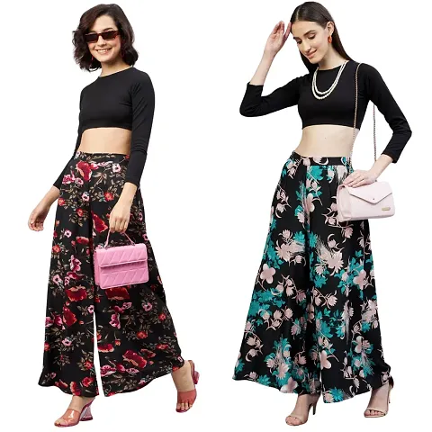 Multi Coloured Floral Printed Assorted Palazzo Pants for Women (Pack of 2)