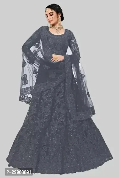 Stylish Grey Net Embroidered Lehenga Choli Set For Women-thumb0