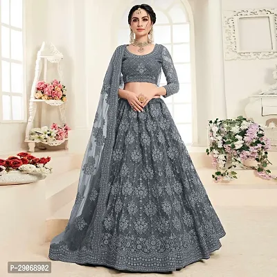 Stylish Grey Net Embroidered Lehenga Choli Set For Women-thumb0