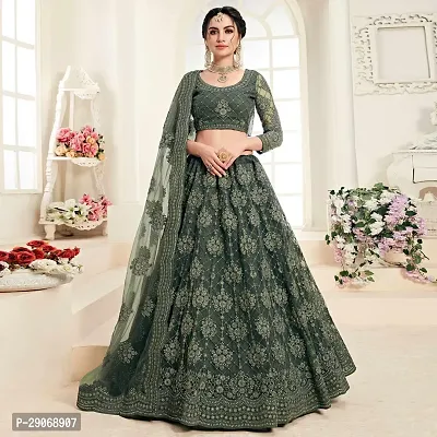 Stylish Green Net Embroidered Lehenga Choli Set For Women-thumb0