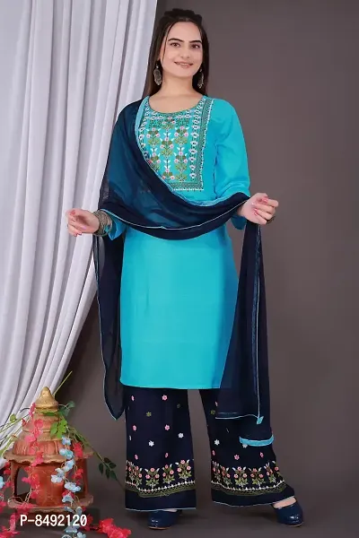 Turquoise Rayon Embroidered Kurtas For Women-thumb2