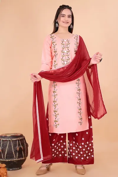 Stylish Rayon Embroidered Kurta Sharara Dupatta Set