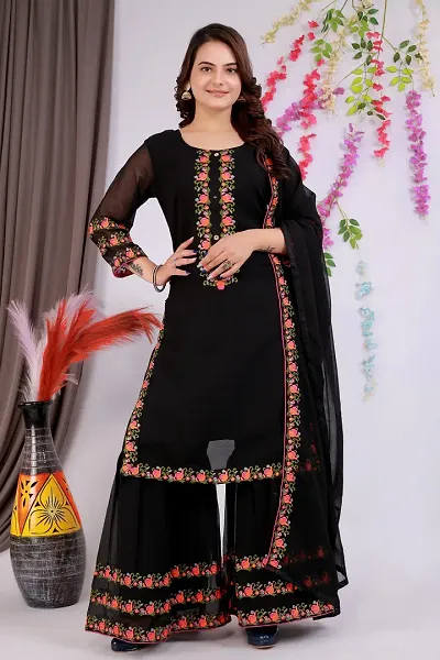 Stylish Georgette Embroidered A-Line Kurtis With Palazzo And Dupatta