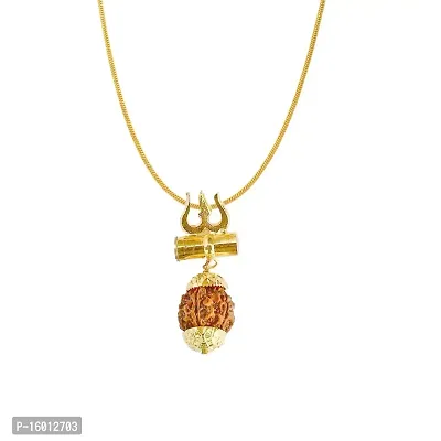 Maalgodam Shiv Shakti Kavach Rudraksha Trishul Damru Locket with 22 Inch Brass Gold Plated Chain For Men's  Women's