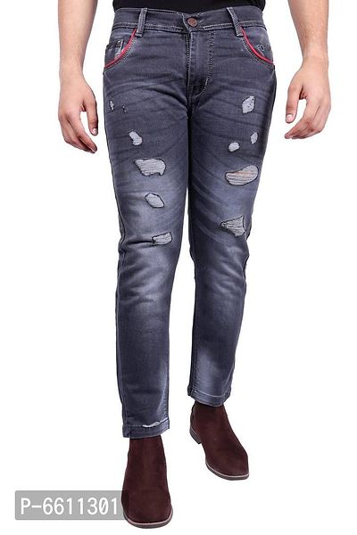 Stylish Grey Distressed Denim Cotton Strechable Jeans For Men-thumb0