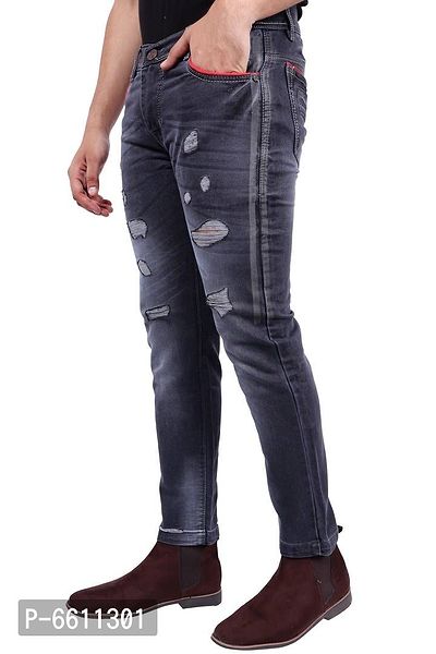 Stylish Grey Distressed Denim Cotton Strechable Jeans For Men-thumb2