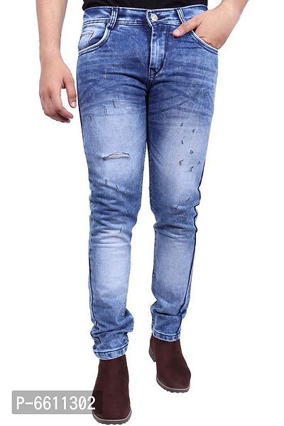 Stylish Blue Distressed Denim Cotton Strechable Jeans For Men