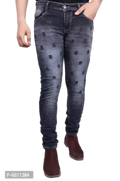 Stylish Black Distressed Denim Cotton Strechable Jeans For Men