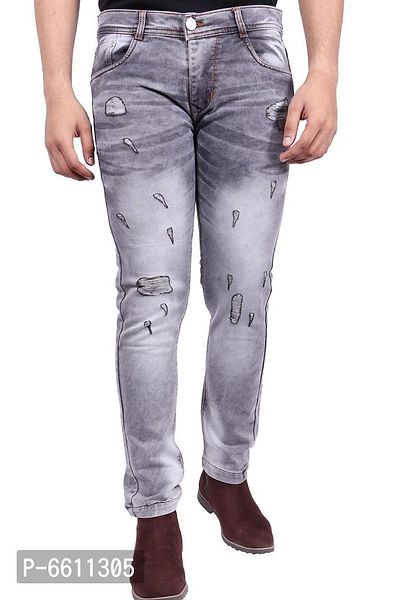 Stylish Grey Distressed Denim Cotton Strechable Jeans For Men