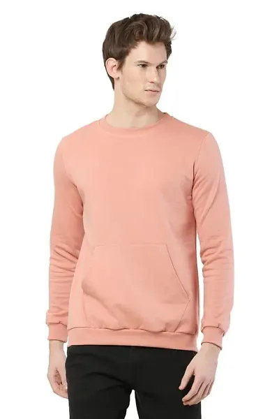 AMEYS ALMUDA Fleece Round Neck Solid Sweatshirt for Men (Peach)