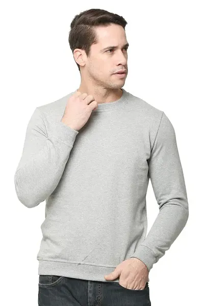 AMEYS ALMUDA Fleece Round Neck Solid Sweatshirt for Men (Light Grey)