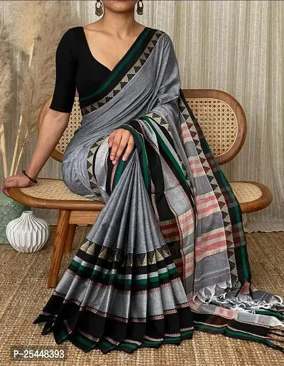 Stylish Grey Cotton Saree With Blouse Piece For Women-thumb0