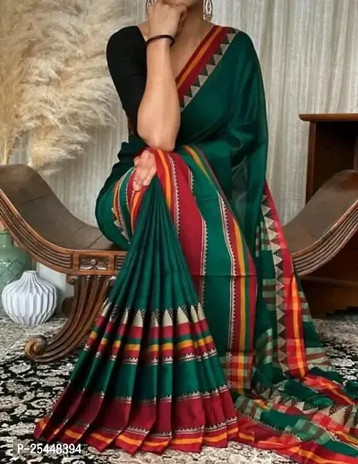 Stylish Green Cotton Saree With Blouse Piece For Women-thumb0