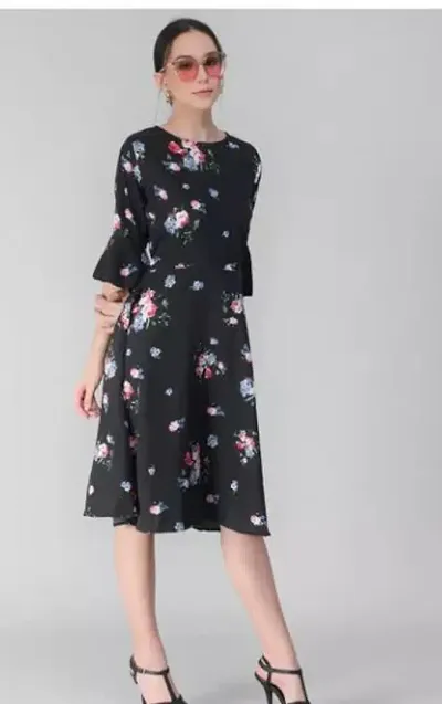 Designer Bell Sleeves Crepe Floral Dresses For Women