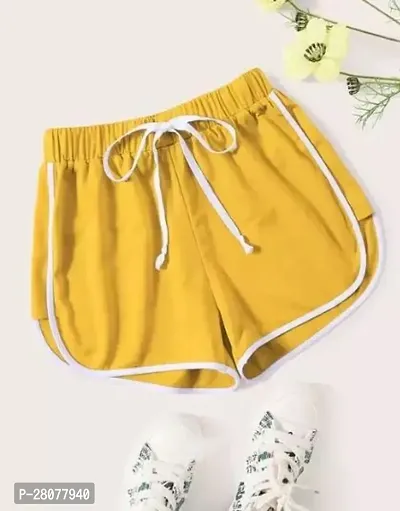 Elegant Yellow Cotton Solid Regular Shorts For Women-thumb0