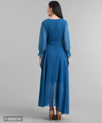 Elegant Georgette Blue Maxi Length Solid Dress For Women-thumb3