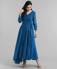 Elegant Georgette Blue Maxi Length Solid Dress For Women-thumb1