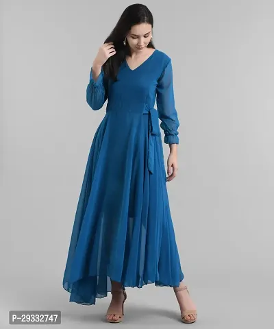 Elegant Georgette Blue Maxi Length Solid Dress For Women-thumb2