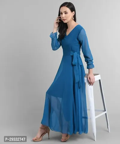 Elegant Georgette Blue Maxi Length Solid Dress For Women-thumb4