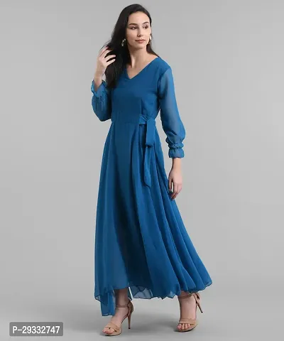 Elegant Georgette Blue Maxi Length Solid Dress For Women-thumb0