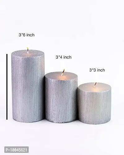AuraDecor Unscented Pillar Candle Set of 3 (3inch*3inch, 3inch*4inch, 3inch*6inch) || Unscented Candle || Long Burning || Gift Set || Set of 3 Candle || Pillar Candle. (Silver)-thumb3