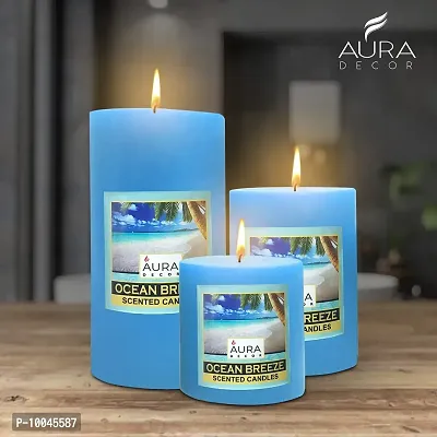AuraDecor Gift Set of 3 Fragrance Pillar Candle || 3*3, 3*4, 3*6 inch || Spa Candle || Aromatherapy Candle || Smokeless Candle || Valentine Candles (Ocean Breeze)-thumb4