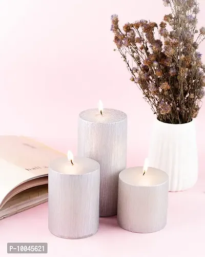 AuraDecor Unscented Pillar Candle Set of 3 (3inch*3inch, 3inch*4inch, 3inch*6inch) || Unscented Candle || Long Burning || Gift Set || Set of 3 Candle || Pillar Candle. (Silver)-thumb2
