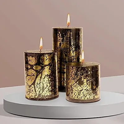 AuraDecor Unscented Pillar Candle Set of 3 (3inch*3inch, 3inch*4inch, 3inch*6inch) || Unscented || Long Burning || Gift Set || Set of 3 || Pillar Candle. (Black Goldust)