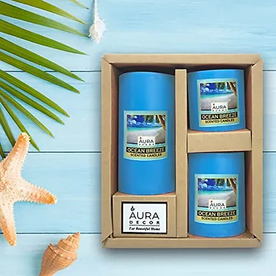 AuraDecor Gift Set of 3 Fragrance Pillar Candle || 3*3, 3*4, 3*6 inch || Spa Candle || Aromatherapy Candle || Smokeless Candle || Valentine Candles (Ocean Breeze)