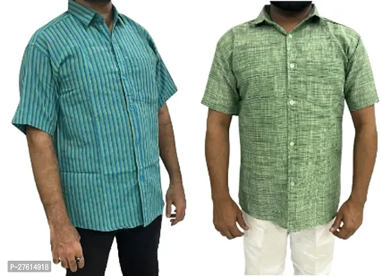 Stylish Green Cotton Short Sleeves Casual Shirts For Men Pack Of 2-thumb0