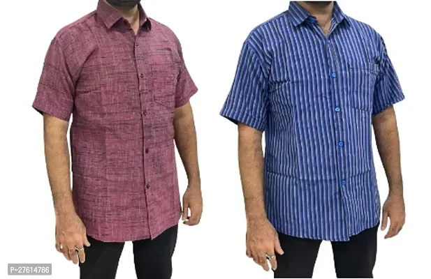 Stylish Multicoloured Cotton Short Sleeves Casual Shirts For Men Pack Of 2-thumb0