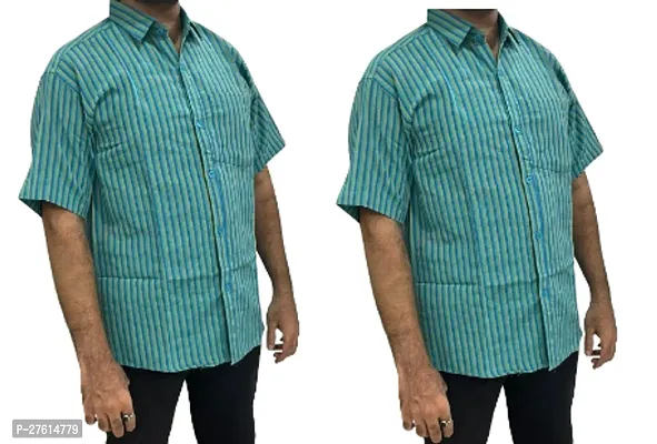 Stylish Green Cotton Short Sleeves Casual Shirts For Men Pack Of 2-thumb0