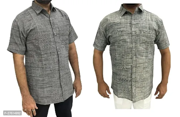 Stylish Grey Cotton Short Sleeves Casual Shirts For Men Pack Of 2