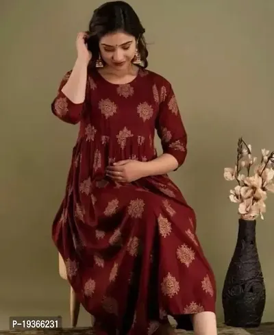 Beautiful Maroon Rayon Printed Flared Kurta For Women-thumb0