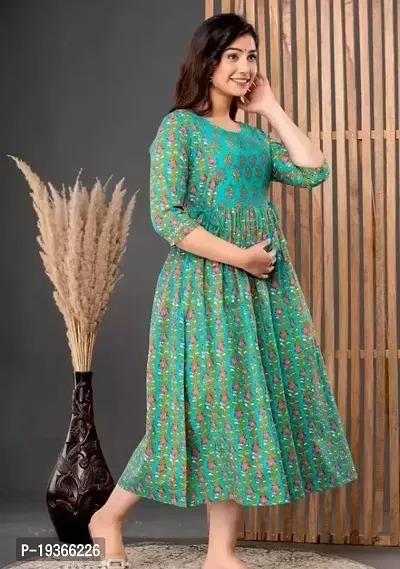 Beautiful Green Rayon Printed Flared Kurta For Women-thumb0